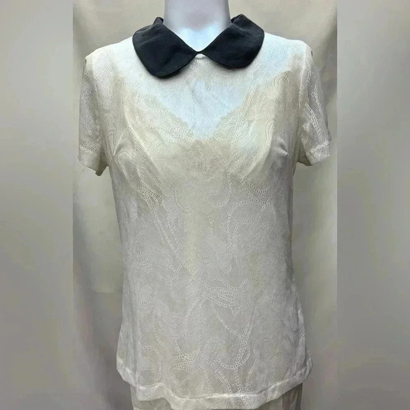 Wendy Katlen Tops - Wendy Katlen Peter Pan Collar Lace Cream Black Blouse Short Sleeves size Small